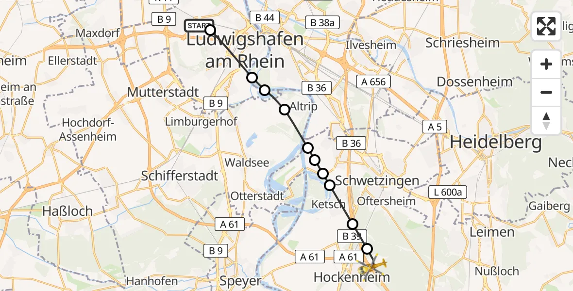 Flugroute Rettungshubschrauber Ludwigshafen Accident Hospital - Hockenheim, 22 Juni 2026, 16:50