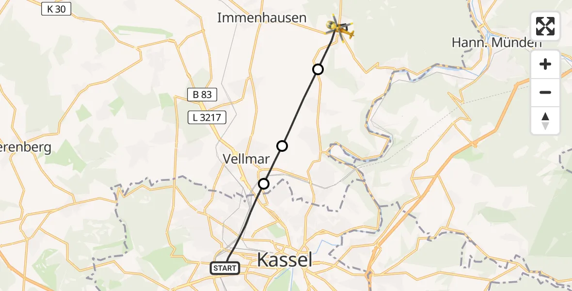 Flugroute Rettungshubschrauber Kassel - Immenhausen, 22 Juni 2026, 16:52