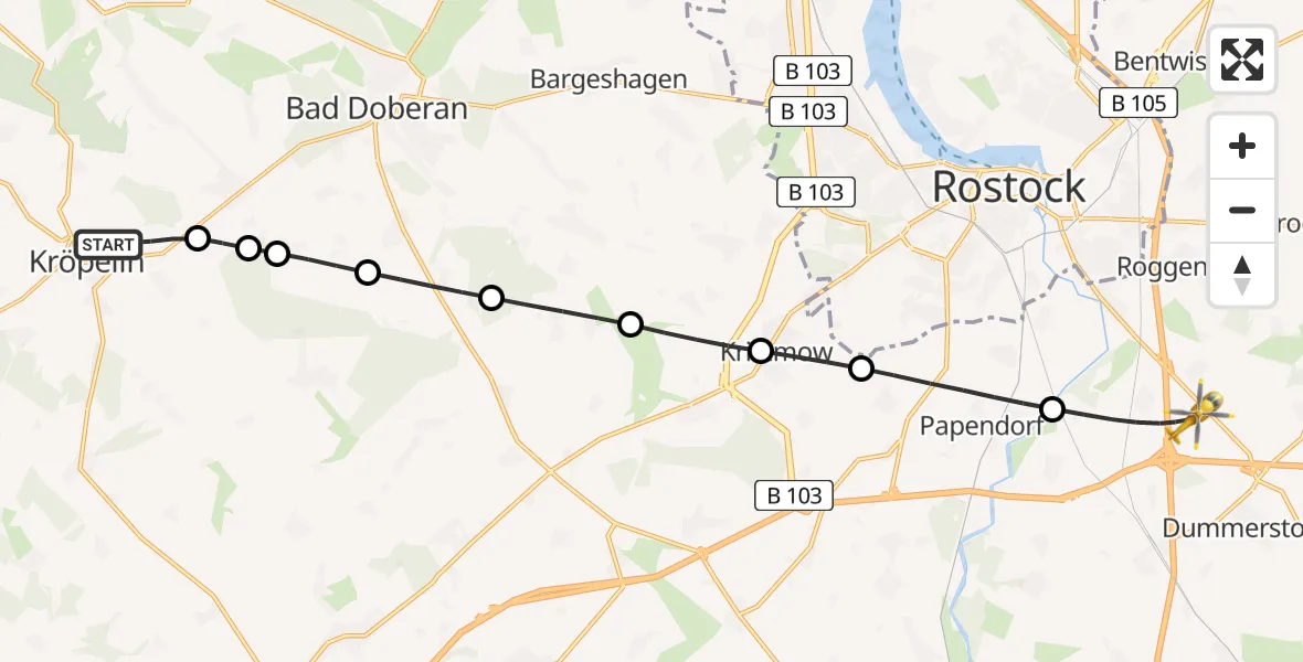 Flugroute Ambulanzhubschrauber Kröpelin - Dummerstorf, 22 Juni 2026, 16:53