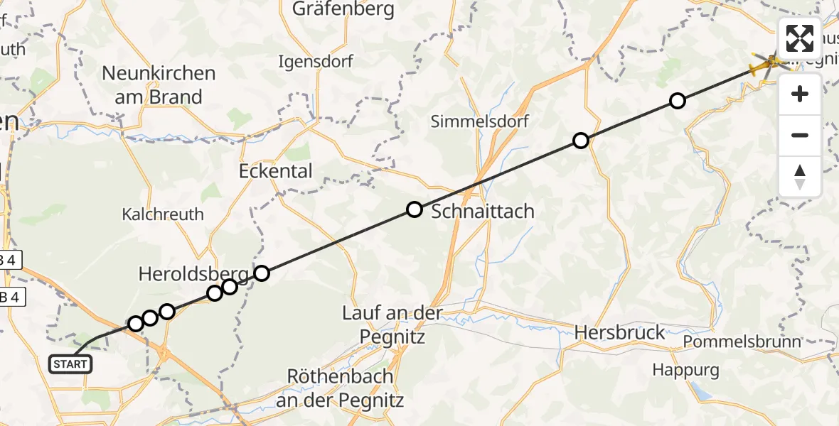 Flugroute Rettungshubschrauber Flughafen Nuremberg - Neuhaus a.d.Pegnitz, 22 Juni 2026, 16:59