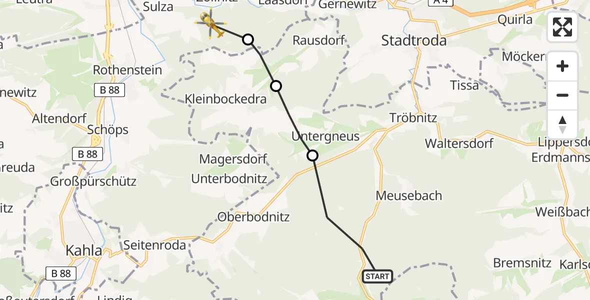 Flugroute Rettungshubschrauber Trockenborn-Wolfersdorf - Zöllnitz, 22 Juni 2026, 17:00