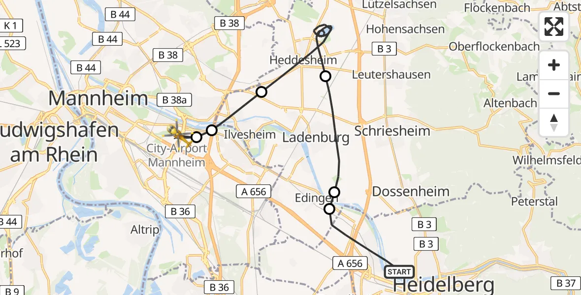Flugroute Rettungshubschrauber Heidelberg - Mannheim-City Flughafen, 22 Juni 2026, 17:12