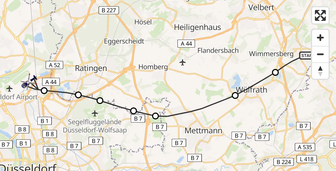 Flugroute Polizeihubschrauber Velbert - Düsseldorf Flughafen, 22 Juni 2026, 17:12