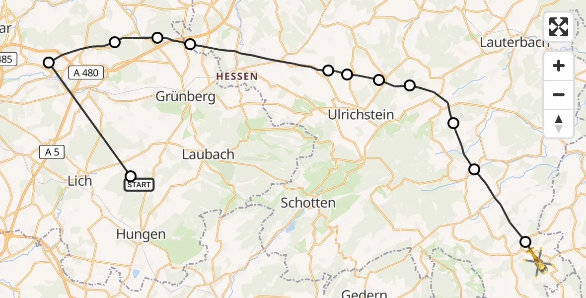 Flugroute Rettungshubschrauber Hungen - Freiensteinau, 22 Juni 2026, 17:13