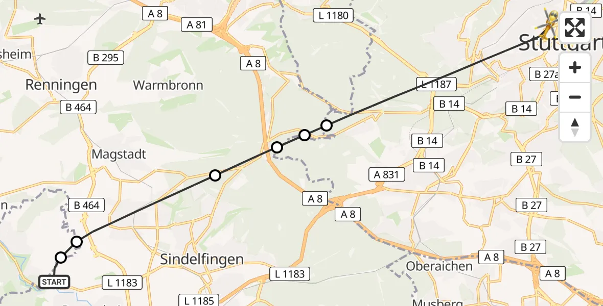 Flugroute Rettungshubschrauber Sindelfingen - Stuttgart, 22 Juni 2026, 17:21