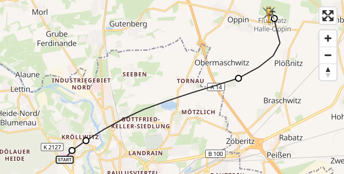 Flugroute Rettungshubschrauber Halle (Saale) University Hospital - Halle-Oppin Flugplatz, 22 Juni 2026, 17:22