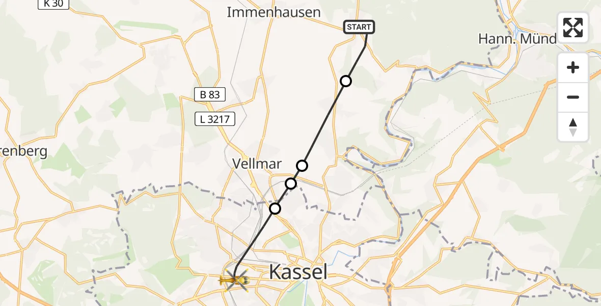 Flugroute Rettungshubschrauber Immenhausen - Kassel, 22 Juni 2026, 17:26