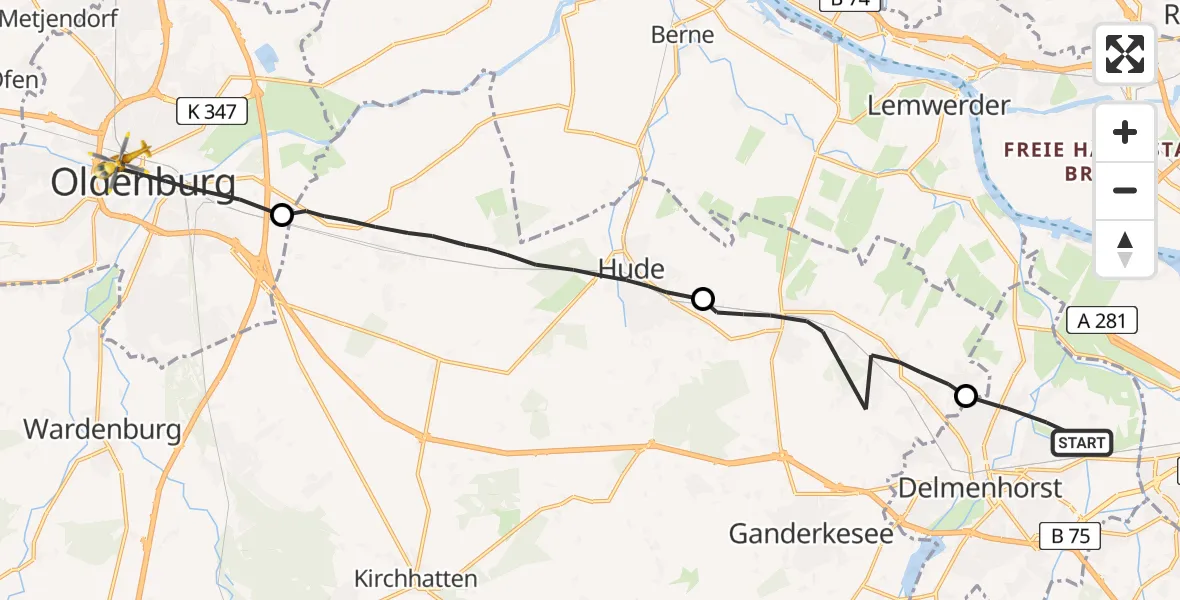 Flugroute Rettungshubschrauber Delmenhorst - Oldenburg (Oldb), 22 Juni 2026, 17:34
