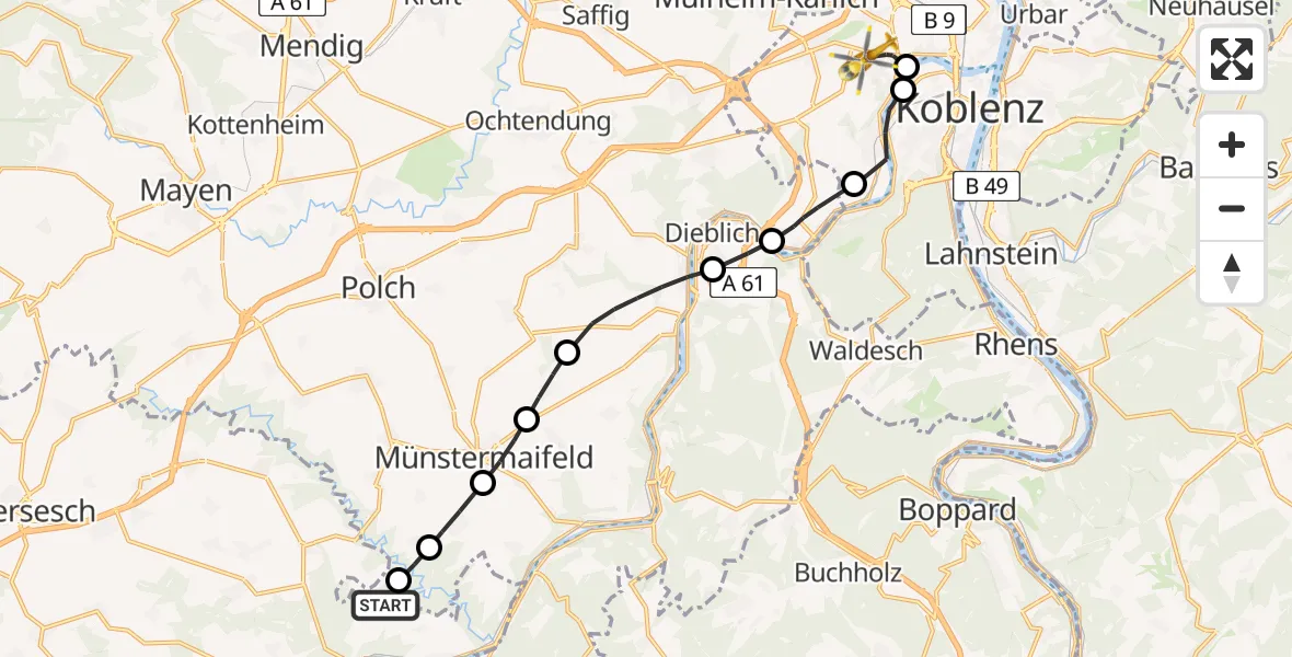 Flugroute Rettungshubschrauber Wierschem - Koblenz, 22 Juni 2026, 17:37