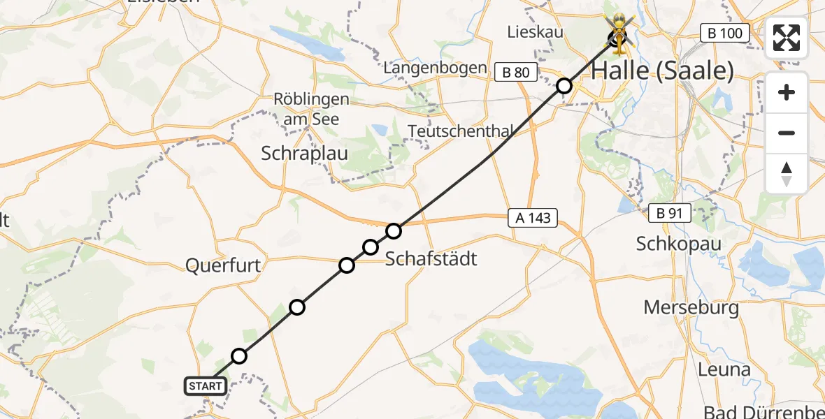 Flugroute Rettungshubschrauber Querfurt - Halle (Saale) University Hospital, 22 Juni 2026, 17:38