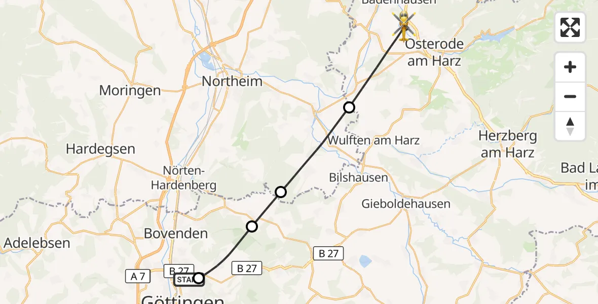 Flugroute Rettungshubschrauber Göttingen University Clinic Hubschrauberlandeplatz - Osterode am Harz, 22 Juni 2026, 17:47
