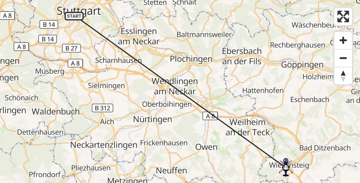 Flugroute Polizeihubschrauber Stuttgart - Wiesensteig, 22 Juni 2026, 17:52