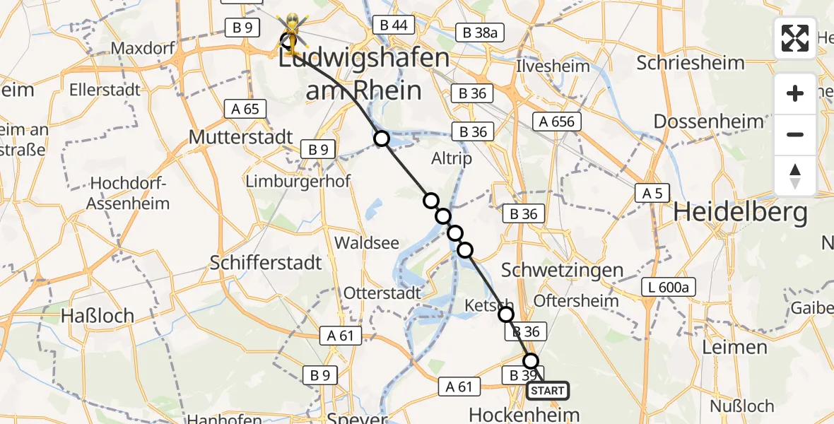 Flugroute Rettungshubschrauber Hockenheim - Ludwigshafen Accident Hospital, 22 Juni 2026, 17:56