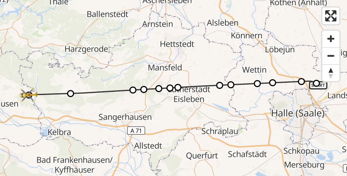 Flugroute Rettungshubschrauber Halle-Oppin Flugplatz - Nordhausen, 22 Juni 2026, 17:56