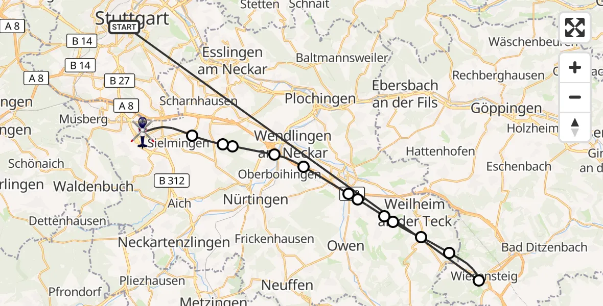 Flugroute Polizeihubschrauber Stuttgart - Flughafen Stuttgart, 22 Juni 2026, 18:00