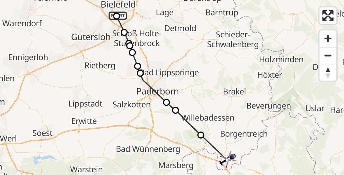 Flugroute Polizeihubschrauber Luftrettungszentrum Bielefeld - Warburg, 22 Juni 2026, 18:05