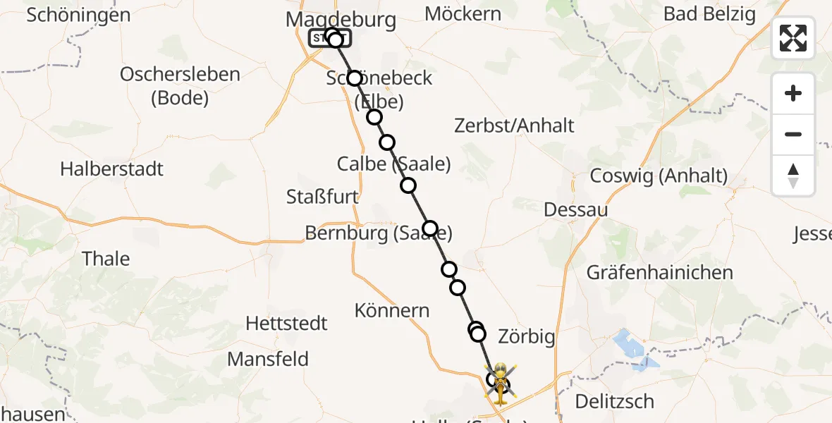 Flugroute Rettungshubschrauber Magdeburg - Halle-Oppin Flugplatz, 22 Juni 2026, 18:12