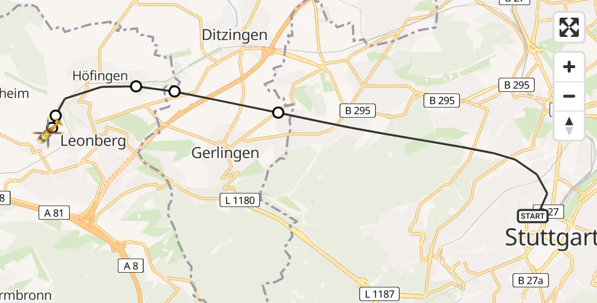 Flugroute Rettungshubschrauber Stuttgart - Leonberg Hospital, 22 Juni 2026, 18:13