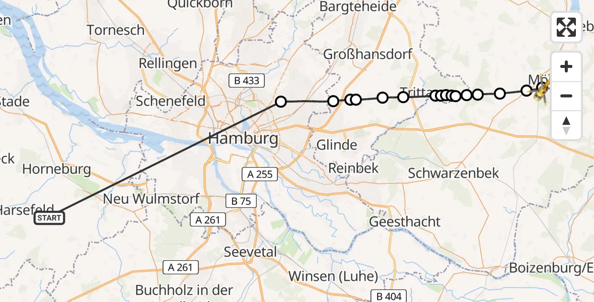 Flugroute Rettungshubschrauber Harsefeld - Mölln, 22 Juni 2026, 18:17