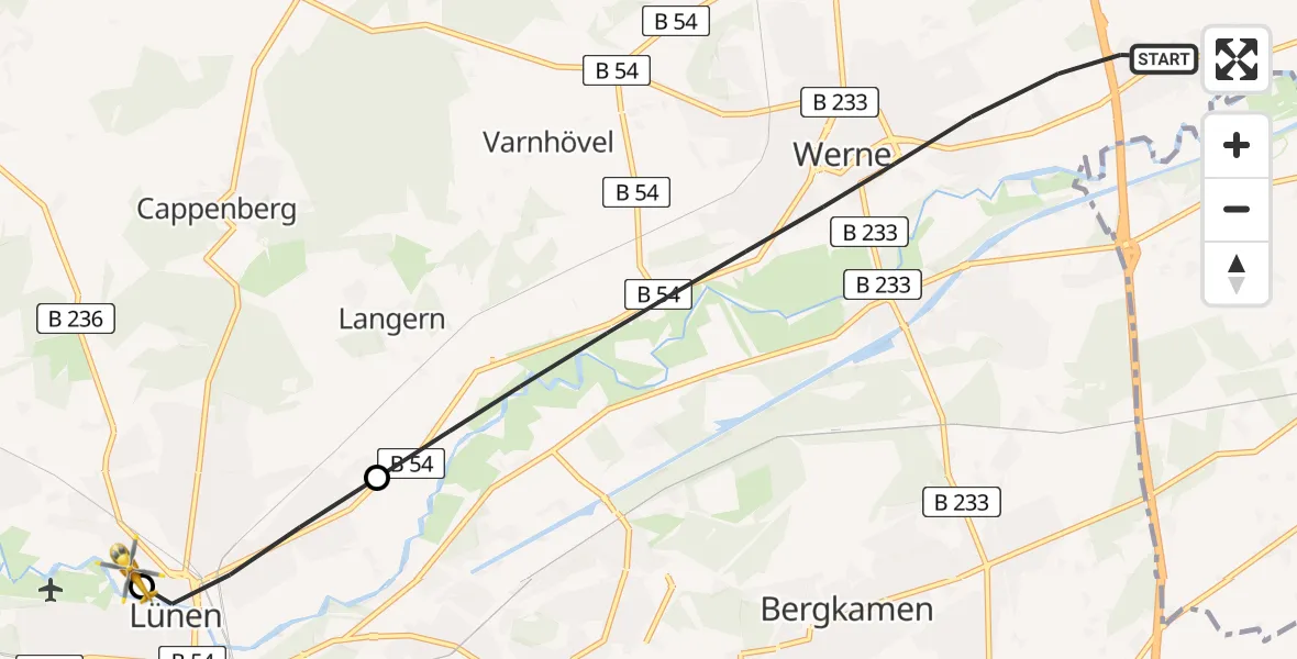 Flugroute Rettungshubschrauber Werne - Sankt Marien Hospital, 22 Juni 2026, 18:20