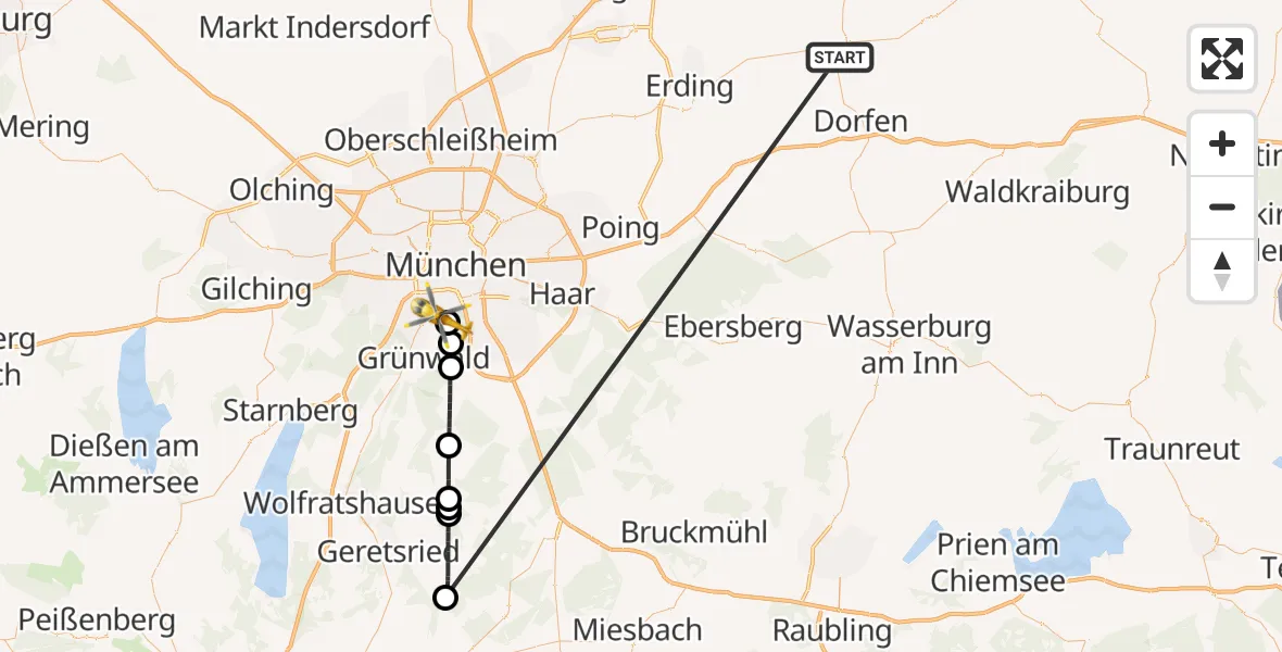 Flugroute Rettungshubschrauber Taufkirchen (Vils) - ADAC Air Rescue Center Hubschrauberlandeplatz (Christoph 1), 22 Juni 2026, 18:24