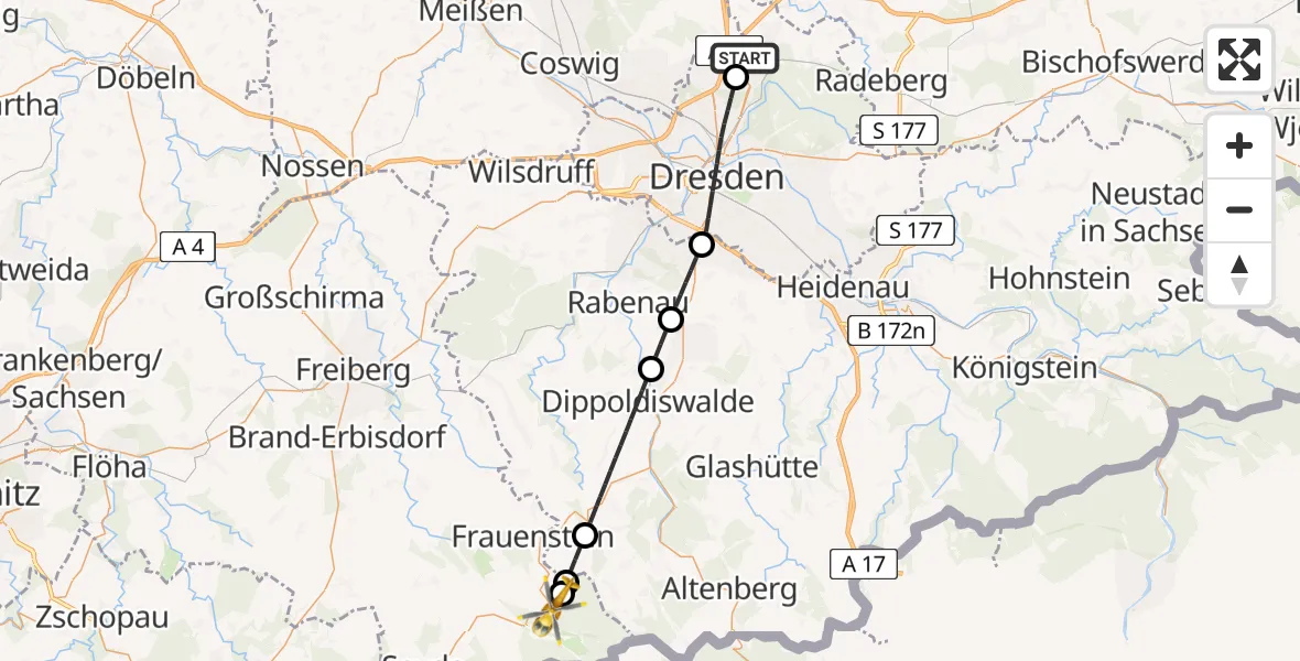 Flugroute Rettungshubschrauber Dresden Flughafen - Frauenstein, 22 Juni 2026, 18:25