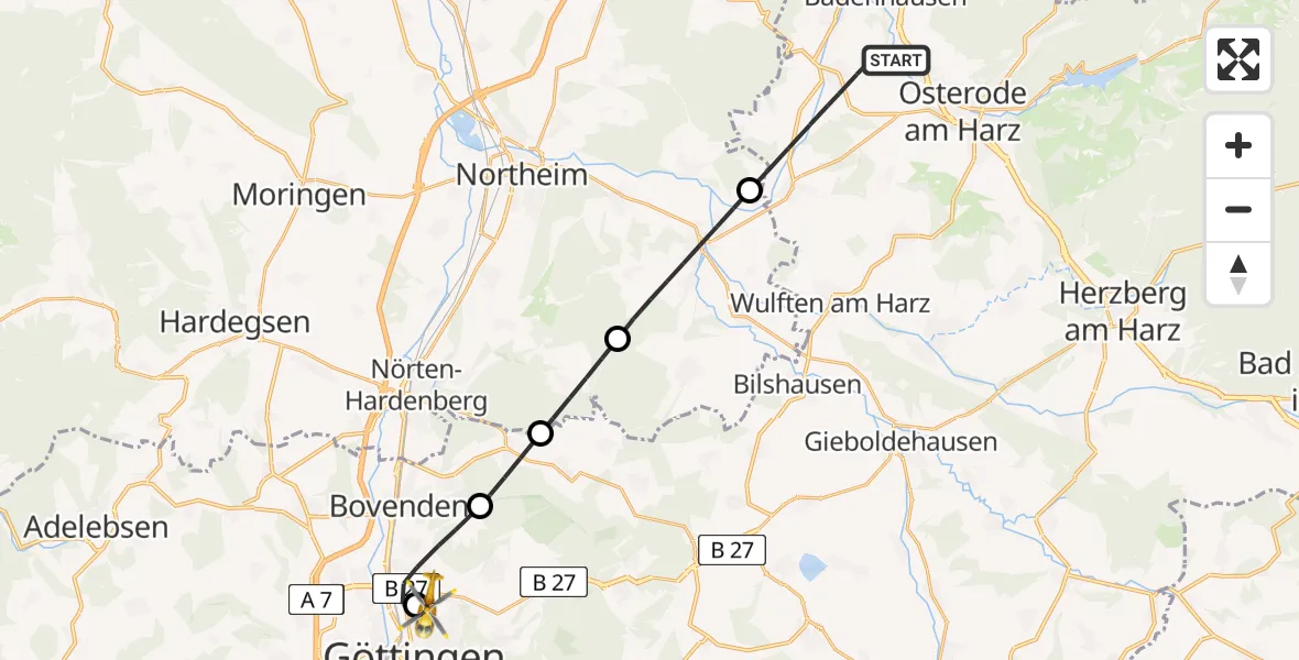 Flugroute Rettungshubschrauber Osterode am Harz - Göttingen University Clinic Hubschrauberlandeplatz, 22 Juni 2026, 18:26