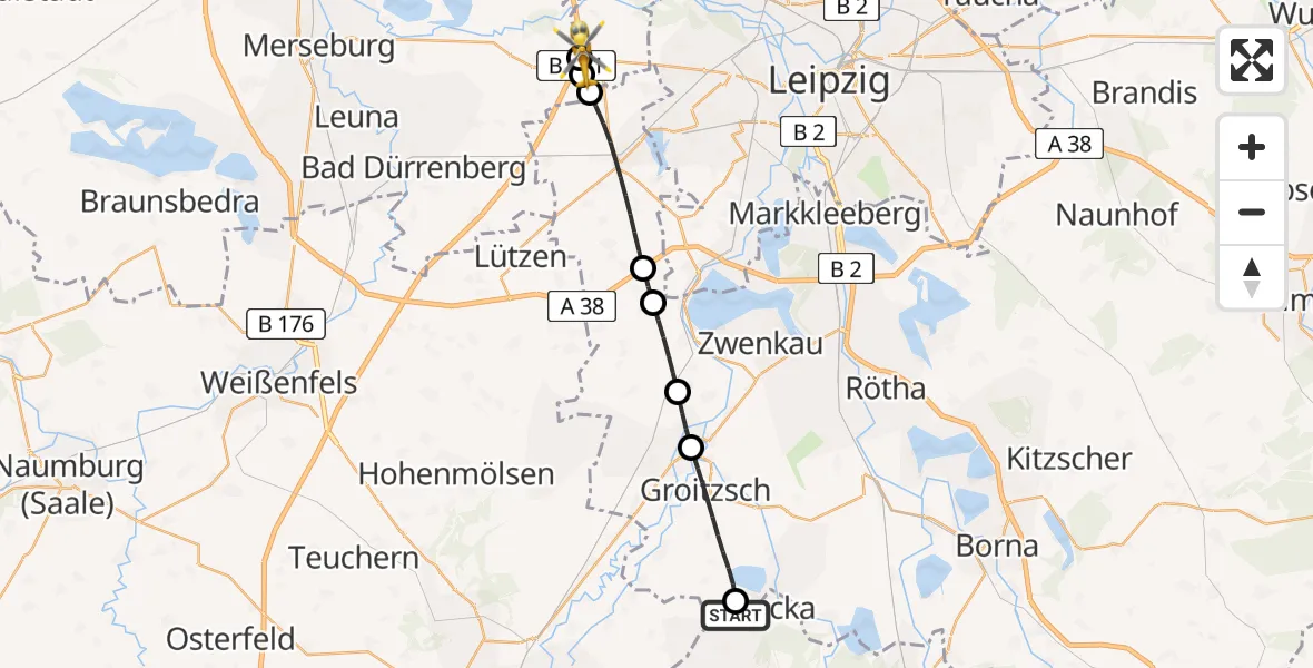 Flugroute Rettungshubschrauber Lucka - ADAC Air Rescue Station Leipzig/Schkeuditz-Dölzig Hubschrauberlandeplatz (Christoph 61), 22 Juni 2026, 18:29