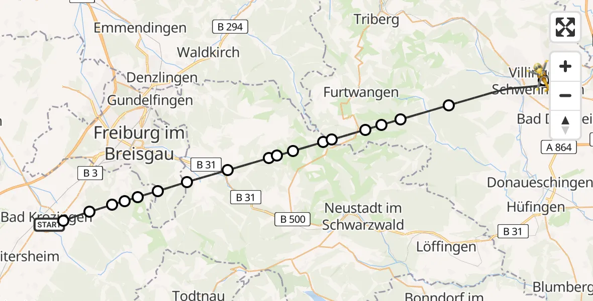 Flugroute Ambulanzhubschrauber Bad Krozingen - DRF Air Rescue Station Villingen-Schwenningen Hubschrauberlandeplatz (Christoph 11), 22 Juni 2026, 18:34