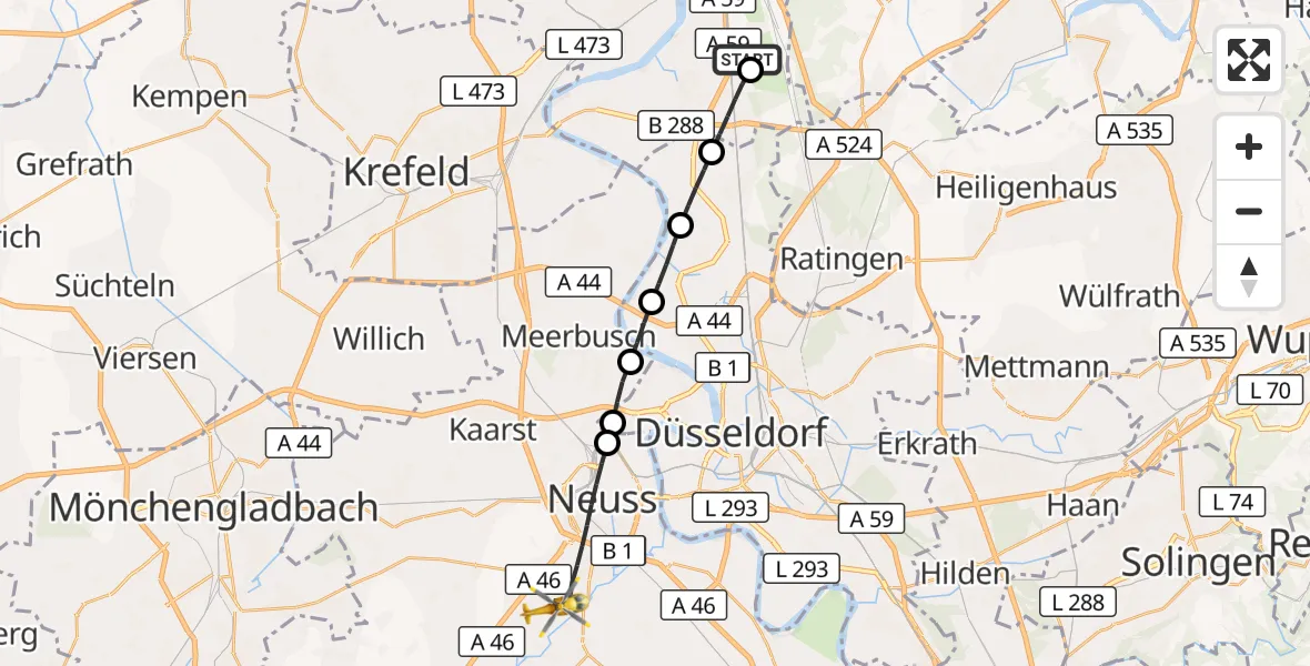 Flugroute Rettungshubschrauber Duisburg Air Rescue Hubschrauberlandeplatz (Christoph 9) - Neuss, 22 Juni 2026, 18:34