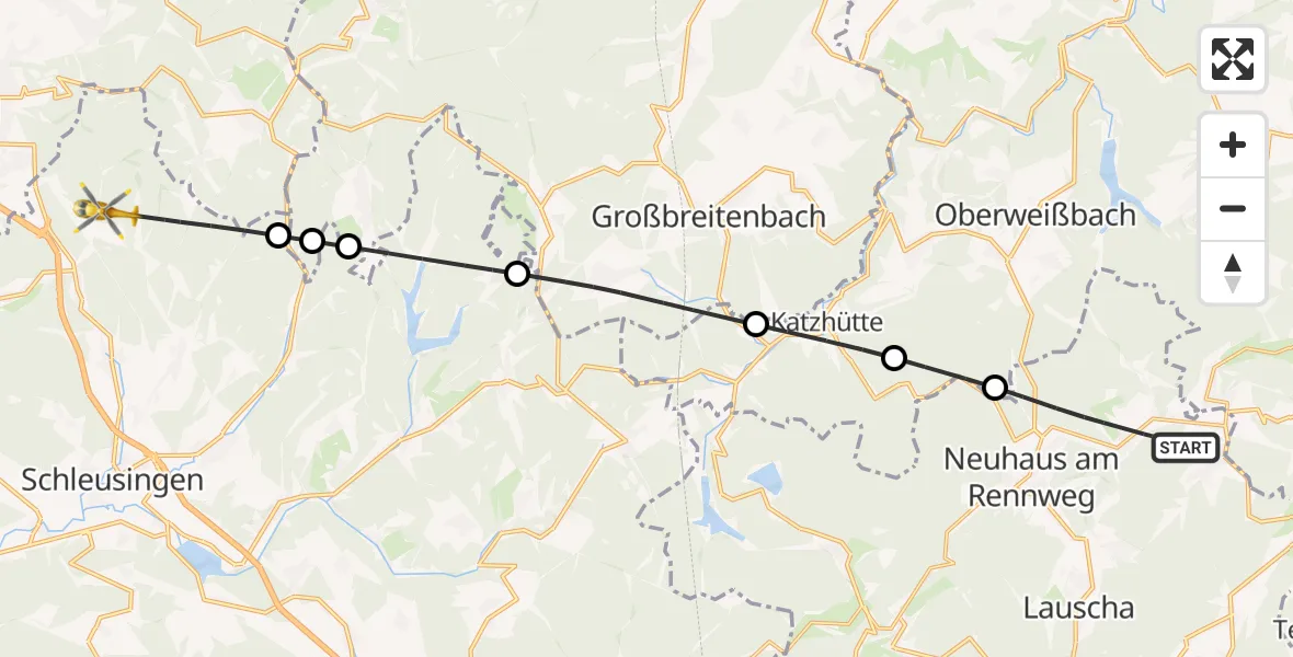 Flugroute Rettungshubschrauber Neuhaus am Rennweg - Schleusingen, 22 Juni 2026, 18:35