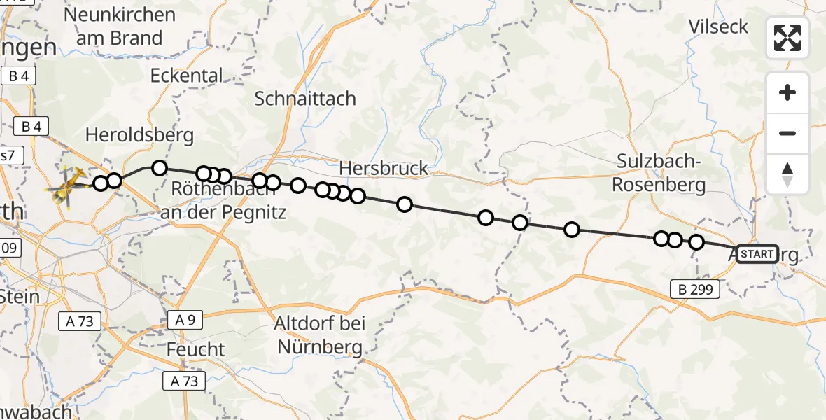Flugroute Rettungshubschrauber Amberg - Flughafen Nuremberg, 22 Juni 2026, 18:38
