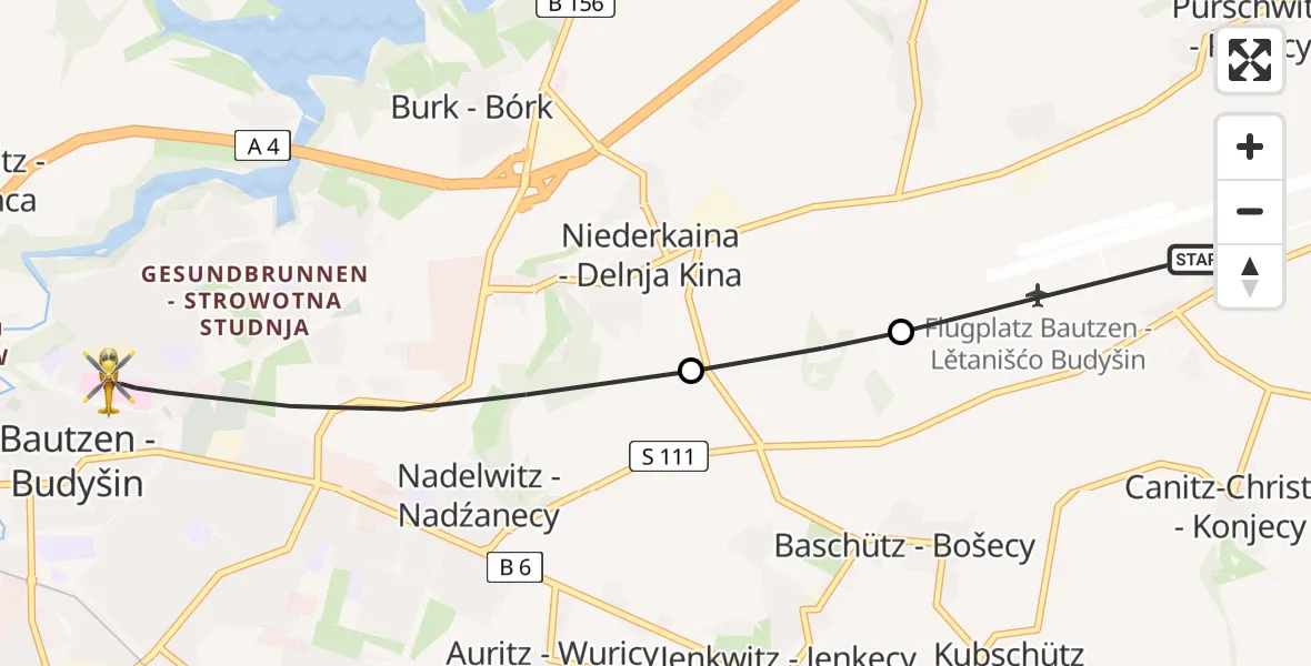 Flugroute Rettungshubschrauber Bautzen Flugplatz - Bautzen, 22 Juni 2026, 18:39