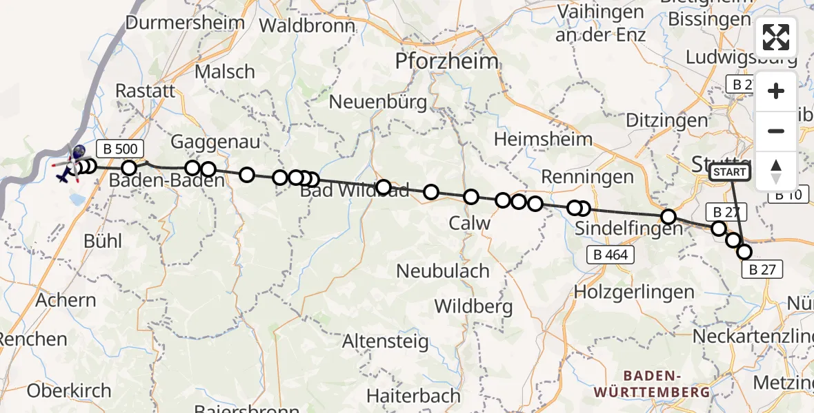 Flugroute Polizeihubschrauber Stuttgart - Karlsruhe Baden-Baden Flughafen, 22 Juni 2026, 18:53