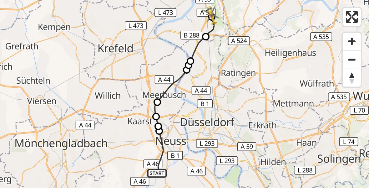 Flugroute Rettungshubschrauber Neuss - Duisburg Air Rescue Hubschrauberlandeplatz (Christoph 9), 22 Juni 2026, 18:55