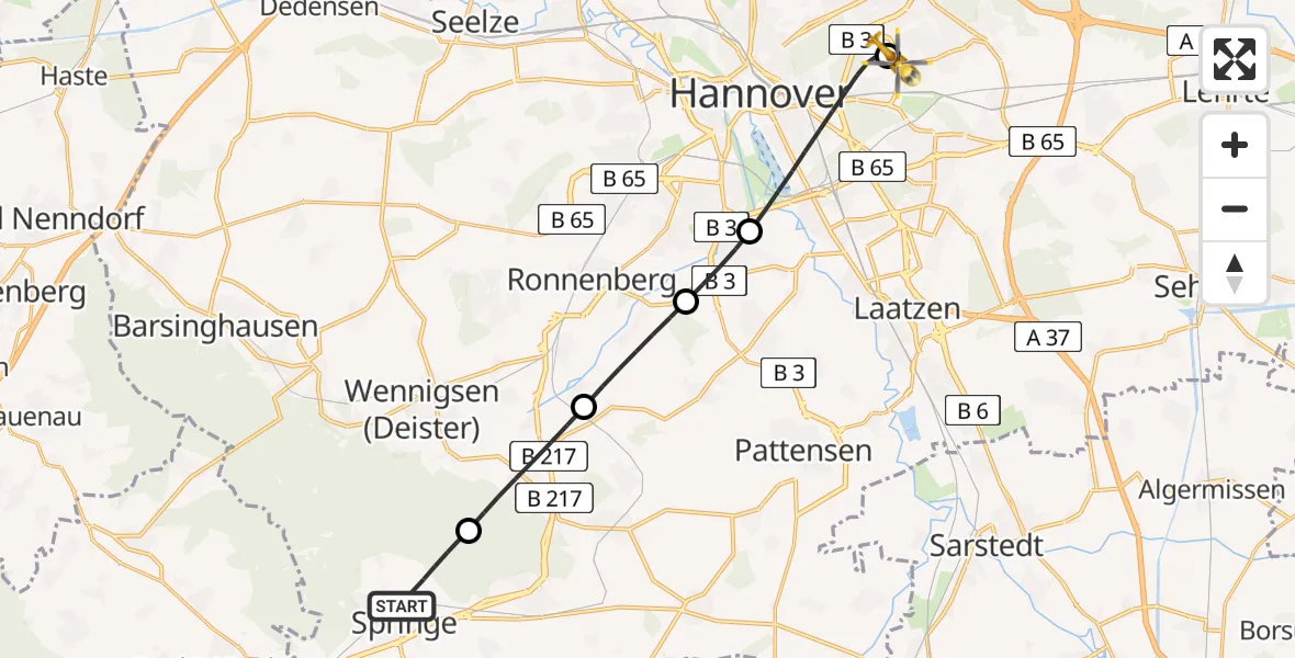 Flugroute Rettungshubschrauber Springe - Hannover Luftrettung Hubschrauberlandeplatz (Christoph 4), 22 Juni 2026, 18:56