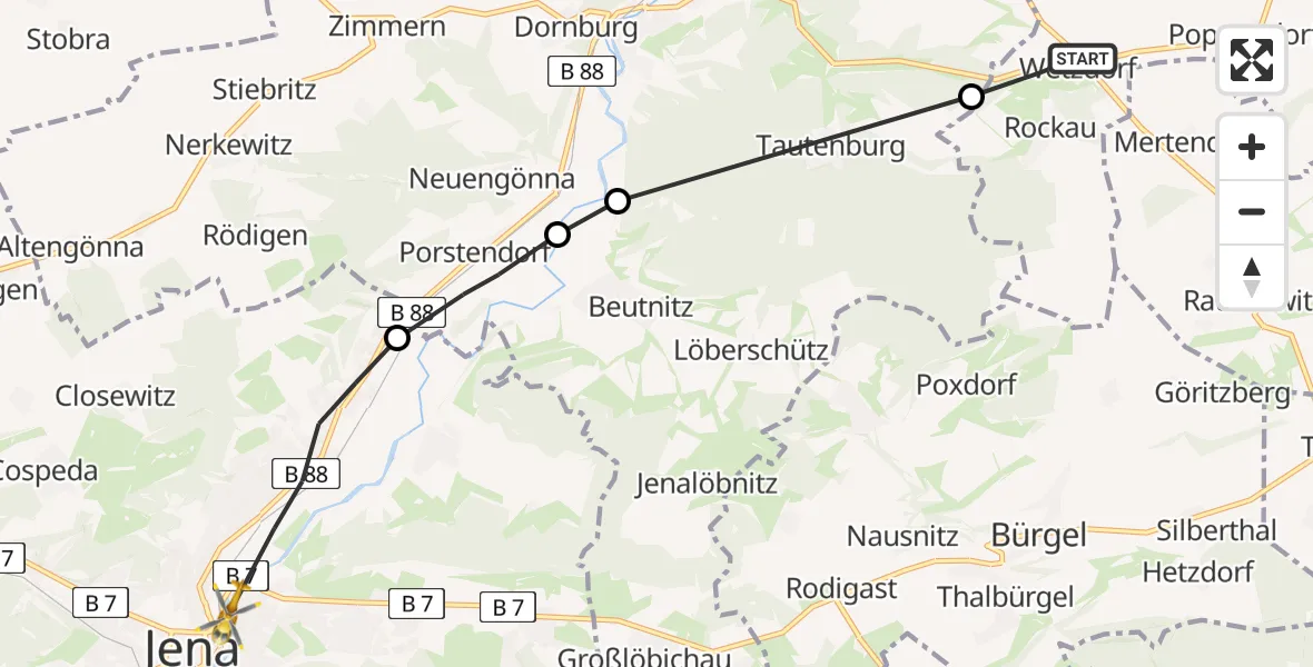 Flugroute Rettungshubschrauber Schkölen - Jena, 22 Juni 2026, 19:00