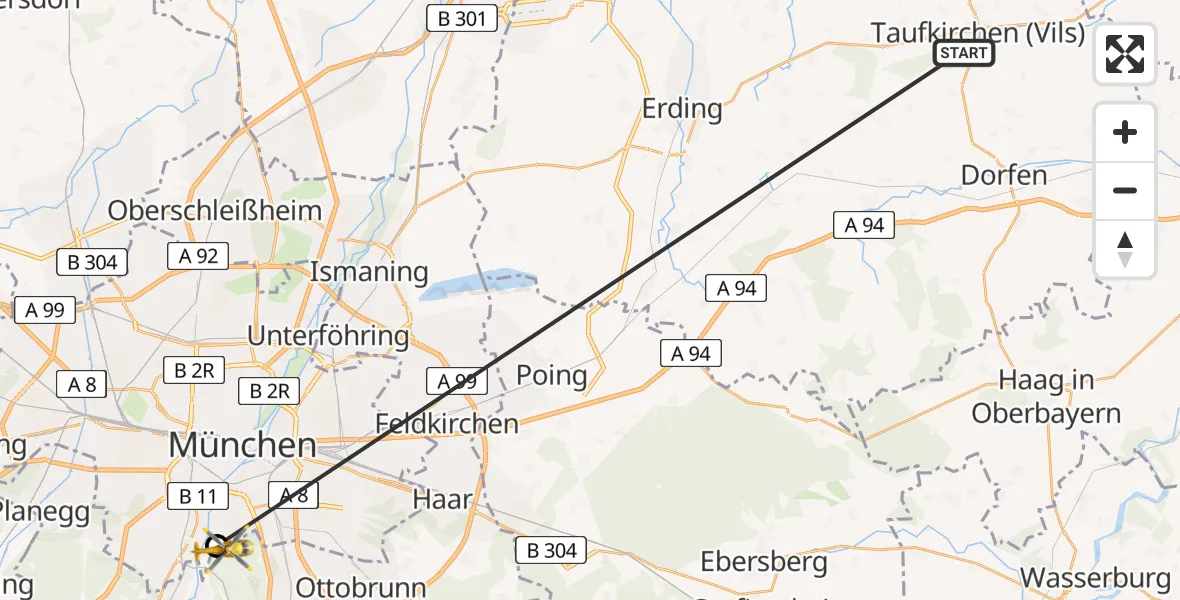 Flugroute Rettungshubschrauber Taufkirchen (Vils) - ADAC Air Rescue Center Hubschrauberlandeplatz (Christoph 1), 22 Juni 2026, 19:02