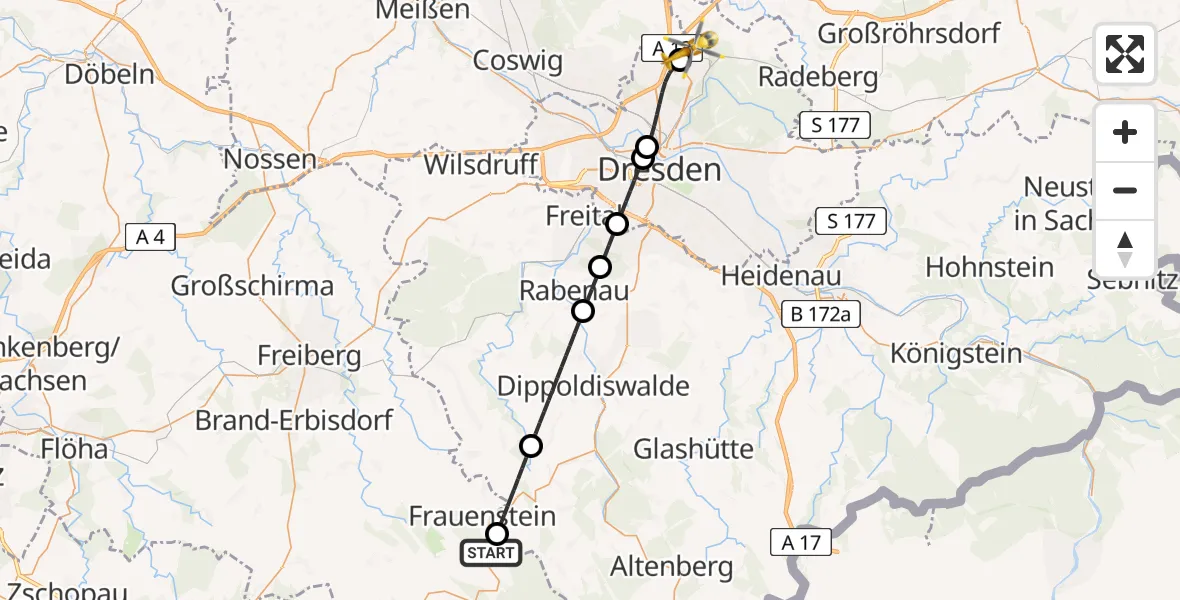 Flugroute Rettungshubschrauber Frauenstein - Dresden Bundespolizei Hubschrauberlandeplatz, 22 Juni 2026, 19:02