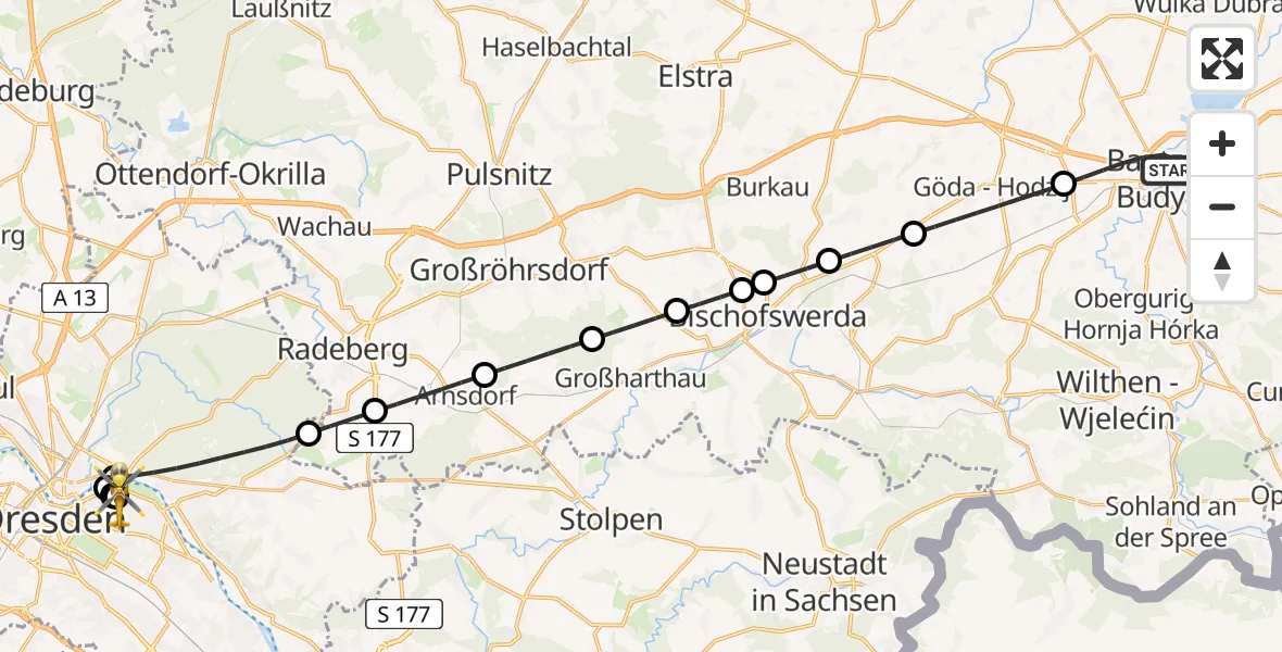 Flugroute Rettungshubschrauber Bautzen - Dresden University Hospital, 22 Juni 2026, 19:05