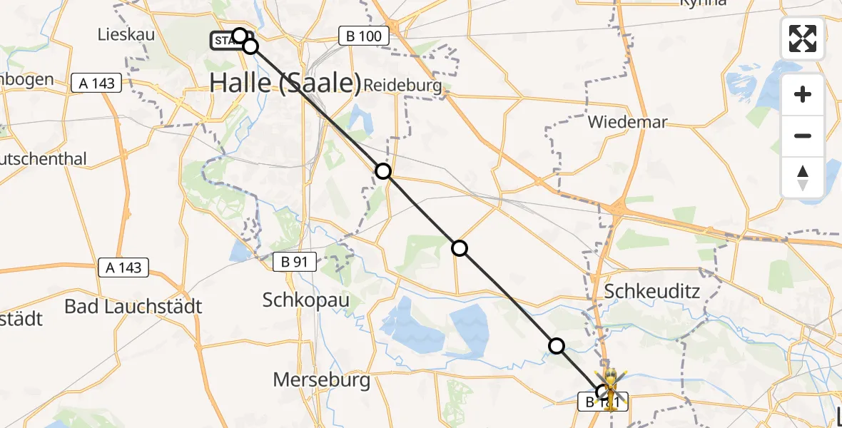 Flugroute Rettungshubschrauber Halle (Saale) University Hospital - ADAC Air Rescue Station Leipzig/Schkeuditz-Dölzig Hubschrauberlandeplatz (Christoph 61), 22 Juni 2026, 19:05