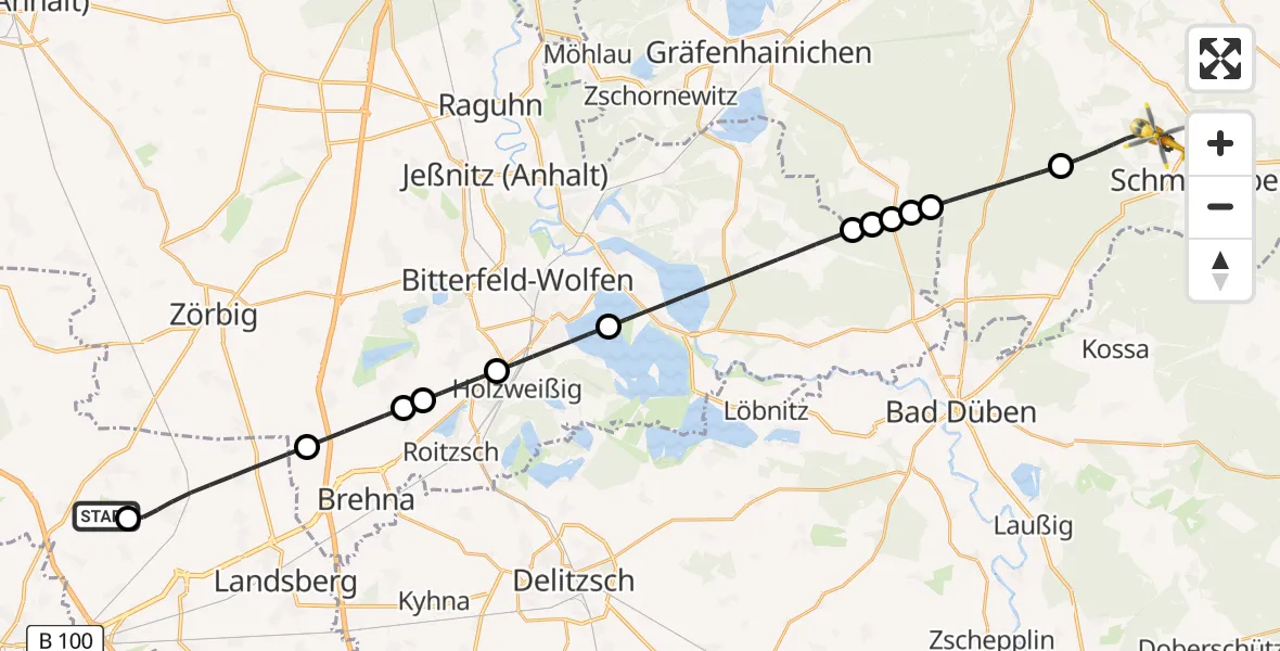 Flugroute Rettungshubschrauber Halle-Oppin Flugplatz - Bad Schmiedeberg, 22 Juni 2026, 19:06