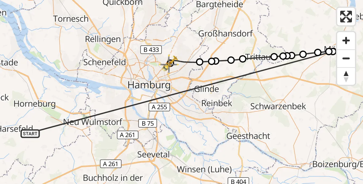 Flugroute Rettungshubschrauber Harsefeld - Hamburg Military Hospital, 22 Juni 2026, 19:06