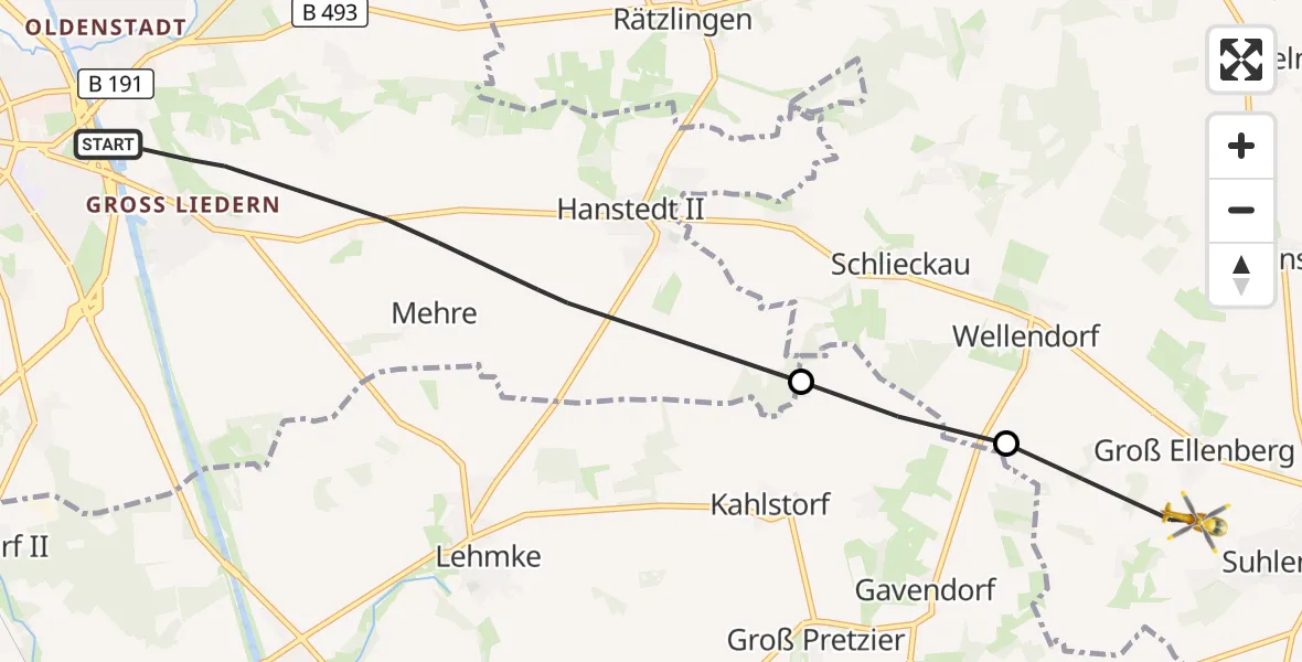 Flugroute Rettungshubschrauber Uelzen - Suhlendorf, 22 Juni 2026, 19:08