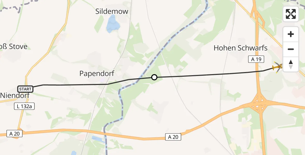 Flugroute Ambulanzhubschrauber Papendorf - Dummerstorf, 22 Juni 2026, 19:11