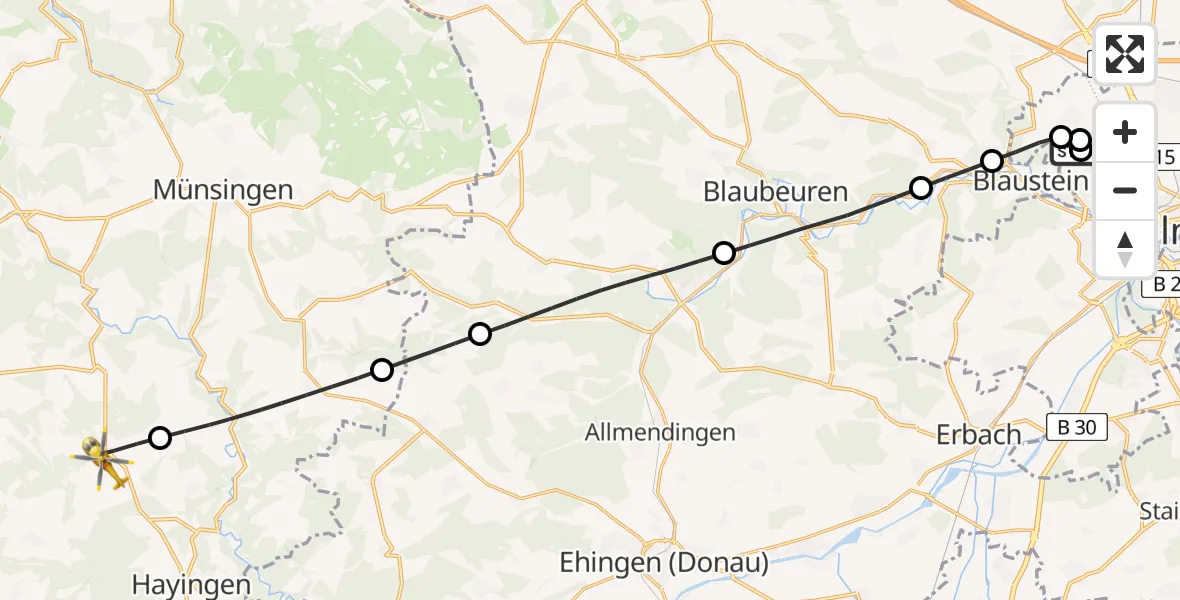 Flugroute Rettungshubschrauber Ulm Military Hospital Emergency - Hayingen, 22 Juni 2026, 19:12