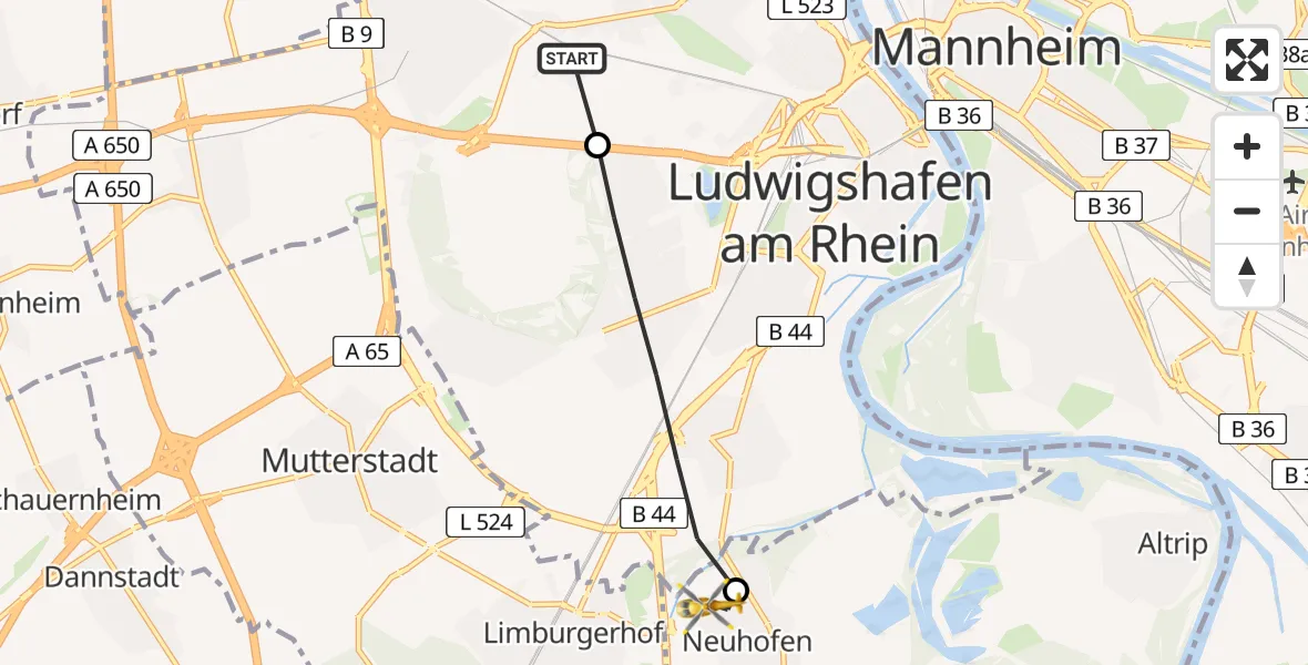 Flugroute Rettungshubschrauber Ludwigshafen Accident Hospital - Neuhofen, 22 Juni 2026, 19:14