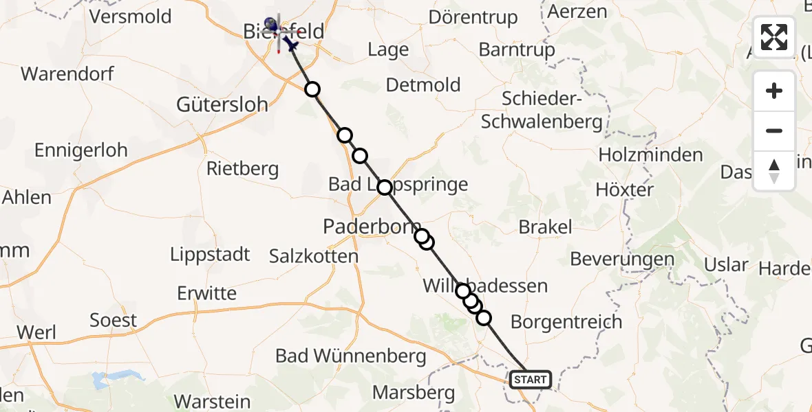 Flugroute Polizeihubschrauber Warburg - Bielefeld, 22 Juni 2026, 19:15