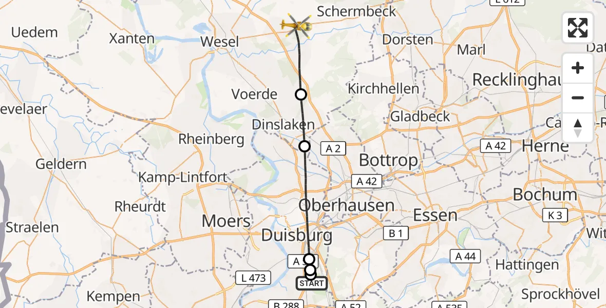 Flugroute Rettungshubschrauber Duisburg Air Rescue Hubschrauberlandeplatz (Christoph 9) - Hünxe, 22 Juni 2026, 19:25