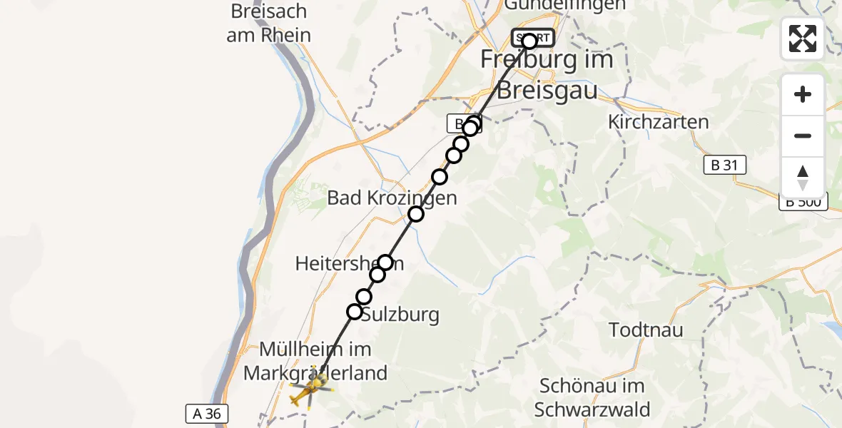 Flugroute Ambulanzhubschrauber Freiburg im Breisgau Flugplatz - Müllheim im Markgräflerland, 22 Juni 2026, 19:28
